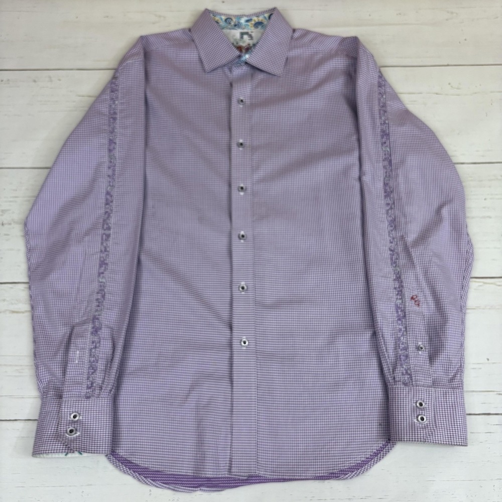 Robert Graham Button Up Shirt Mens L Purple Check Embroidered Spread Collar